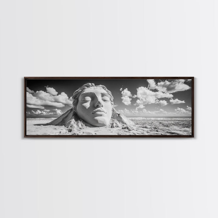 Sand Sculpture Head, Beach Goddess, Coastal Calm, Surreal Beauty, Framed Canvas Print, Modern Wall Art, Living Room Decor, Minimalist Art