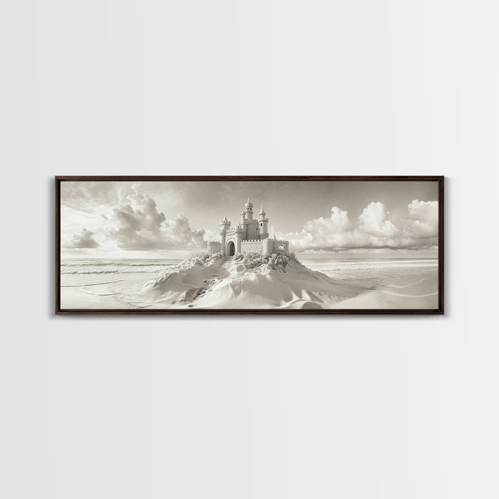 Fantasy Sand Castle, Seaside Kingdom, Dreamy Beach Scene, Magical Vibes, Framed Canvas Print, Kids Room Art, Whimsical Decor, Coastal Theme