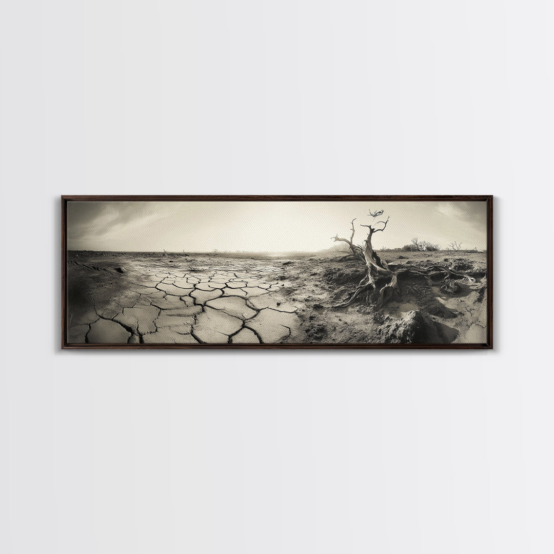 Cracked Earth Drought, Barren Landscape, Nature Drama, Earth Tones, Framed Canvas Print, Fall Wall Art, Study Room Decor, Minimalist Style