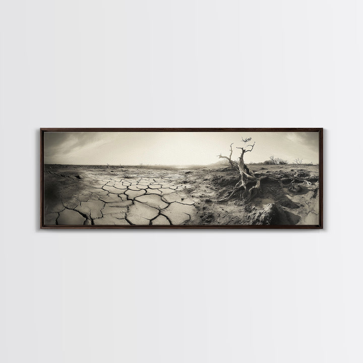 Cracked Earth Drought, Barren Landscape, Nature Drama, Earth Tones, Framed Canvas Print, Fall Wall Art, Study Room Decor, Minimalist Style