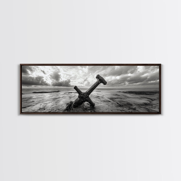 Seaside Iron Anchor, Rustic Beach Print, Nautical Ocean Art, Framed Canvas Print, Moody Wall Decor, Coastal Living Room Art
