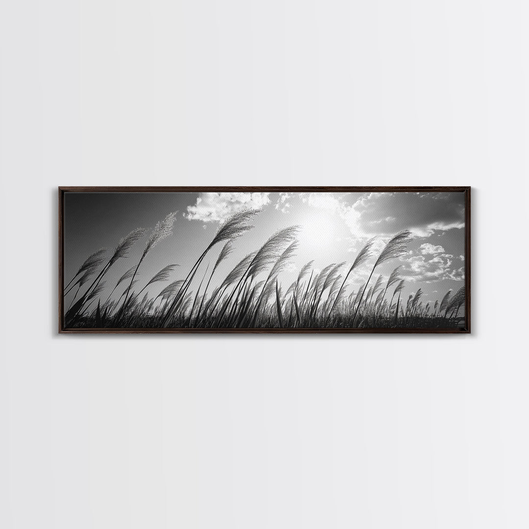 Windy Grass Field, Sunlit Sky, Nature Movement, Prairie Glow, Framed Canvas Print, Fall Wall Art, Living Room Decor, Boho Rustic Aesthetic