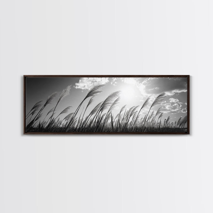 Windy Grass Field, Sunlit Sky, Nature Movement, Prairie Glow, Framed Canvas Print, Fall Wall Art, Living Room Decor, Boho Rustic Aesthetic