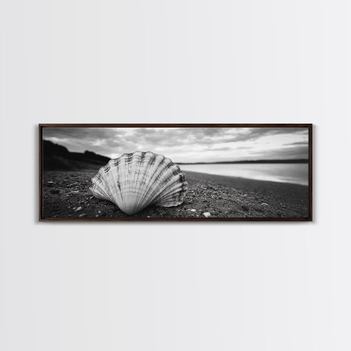 Shell on Shore, Monochrome Coastal, Canvas Print, Boho Wall Art, Bathroom Wall Decor, Natural Beach Aesthetic, Ocean Inspired Art