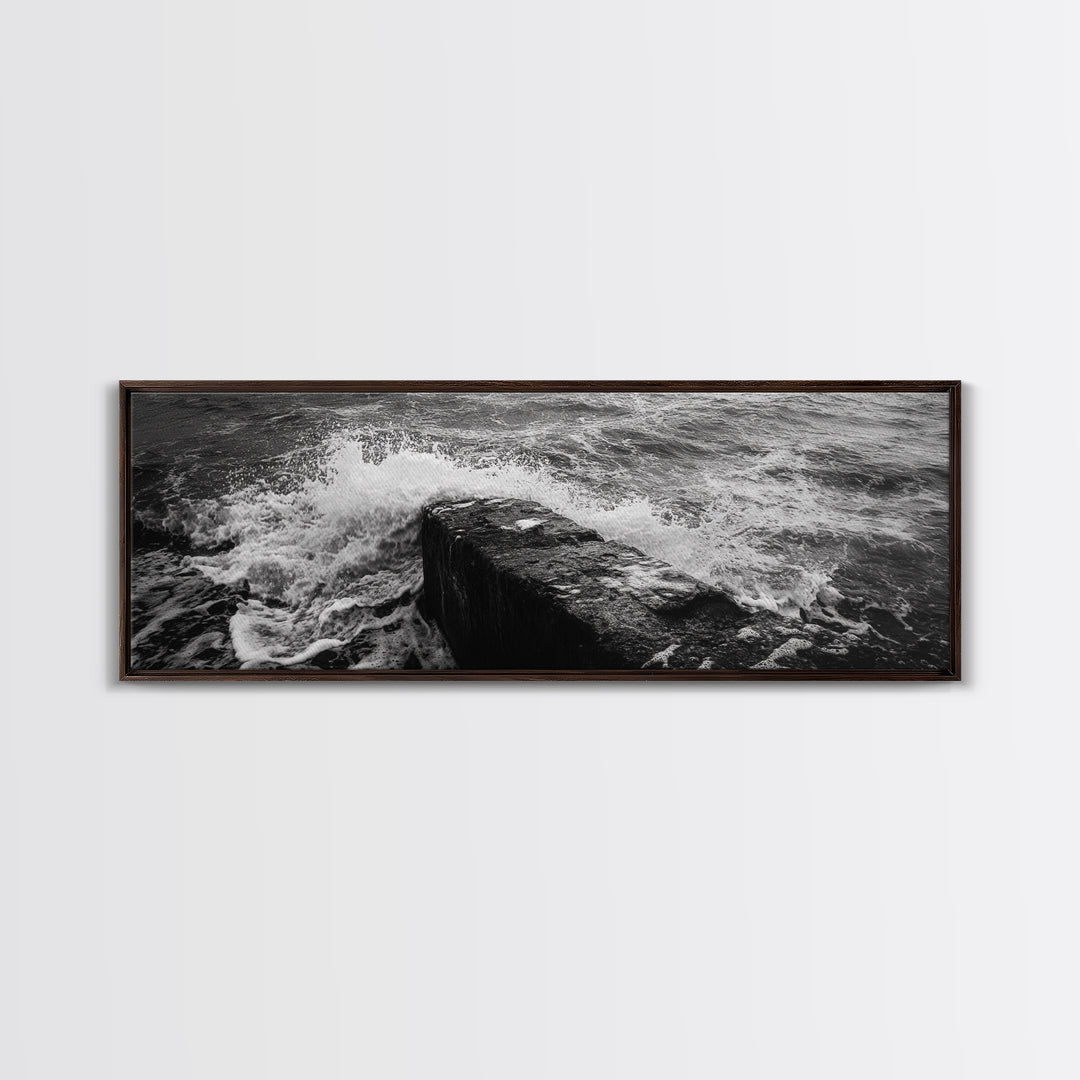 Crashing Waves Rock, Coastal Seascape, Ocean Photography, Black White Art, Framed Canvas Print, Nautical Bathroom Wall Decor