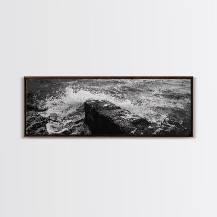 Crashing Waves Rock, Coastal Seascape, Ocean Photography, Black White Art, Framed Canvas Print, Nautical Bathroom Wall Decor