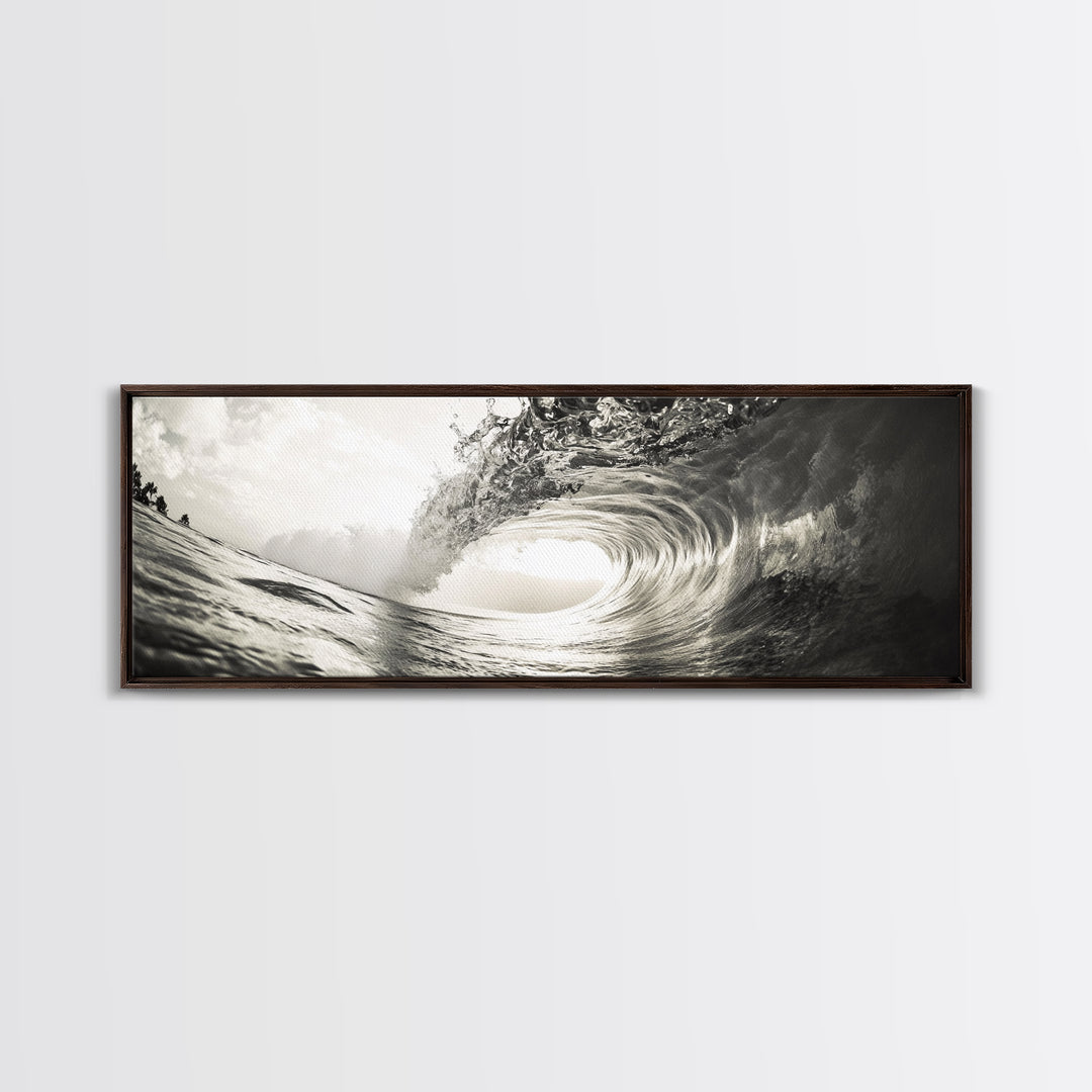 Ocean Barrel Wave, Surf Photography, Coastal Decor, Sepia Framed Canvas Print, Modern Beach House Bathroom or Living Room Wall Art