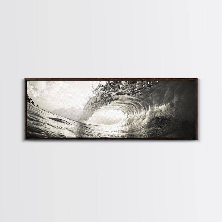 Ocean Barrel Wave, Surf Photography, Coastal Decor, Sepia Framed Canvas Print, Modern Beach House Bathroom or Living Room Wall Art