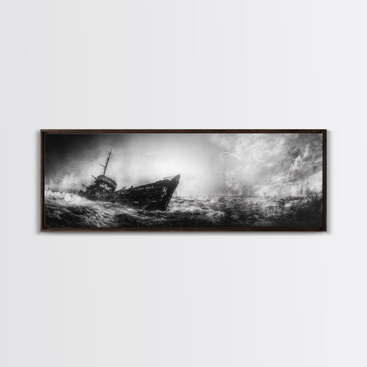 Abandoned Shipwreck Storm, Dark Sea Drama, Grunge Nautical Art, Framed Canvas Print, Industrial Office or Man Cave Wall Decor