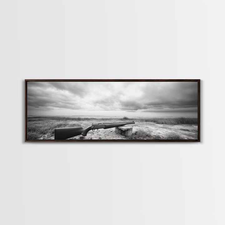 Coastal Rifle Scene, Outdoorsman Decor, Field and Sky Black and White Framed Canvas Print, Autumn Cabin or Lodge Wall Art