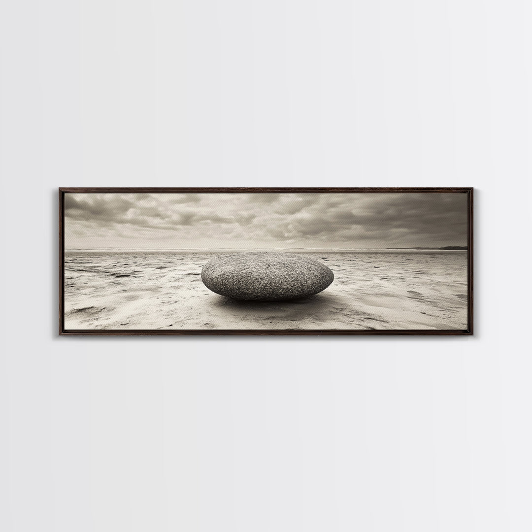 Round Beach Boulder, Serene Shore, Natural Simplicity, Neutral Toned Framed Canvas Print, Minimalist Living Room or Yoga Wall Art