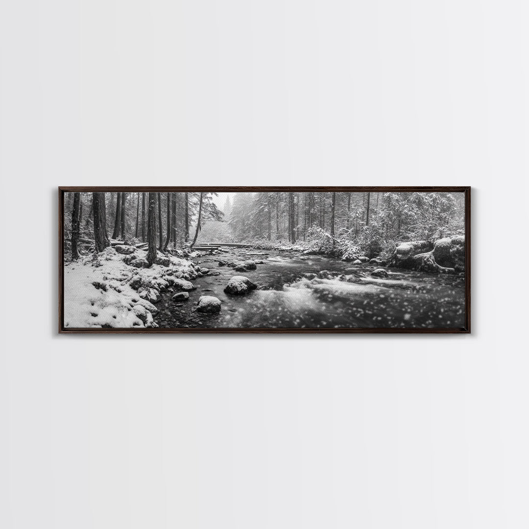 River Stream, Snow Forest, Winter Tranquility, Canvas Print, cozy cabin art, hygge home decor, Christmas wall art, woodland minimalist art