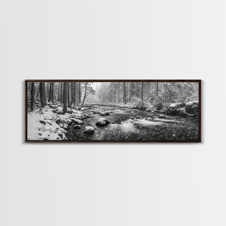 River Stream, Snow Forest, Winter Tranquility, Canvas Print, cozy cabin art, hygge home decor, Christmas wall art, woodland minimalist art