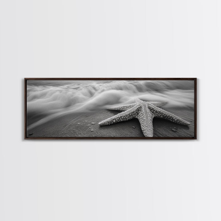 Starfish Closeup, Ocean Wave Motion, Coastal Macro Scene, Framed Canvas Print, minimalist beach decor, bathroom wall art, nautical vibe