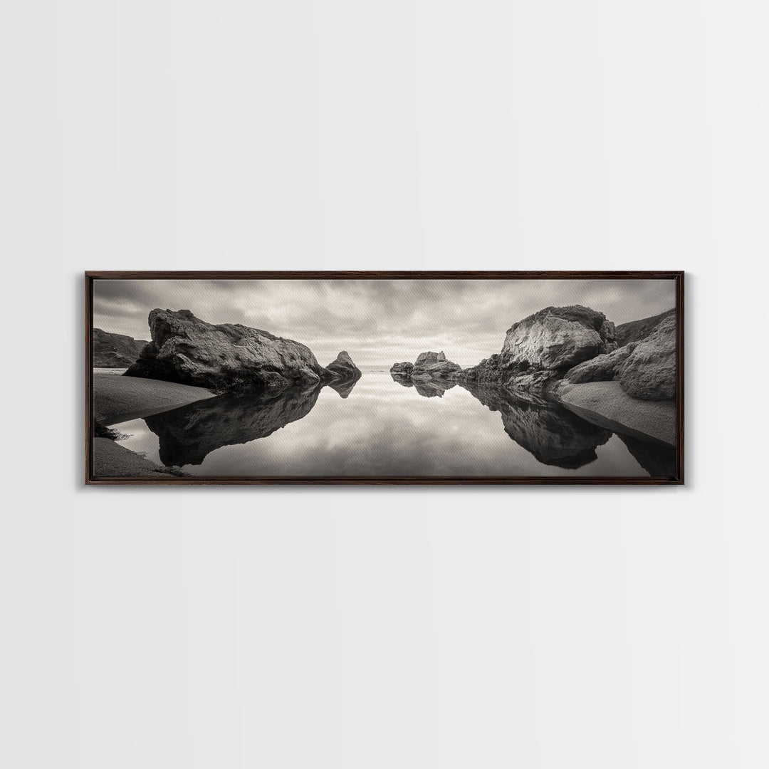Rock Reflection, Coastal Tranquility, Nature Mirror, Framed Canvas Print, black and white coastal art, zen bathroom decor, moody ocean wall art