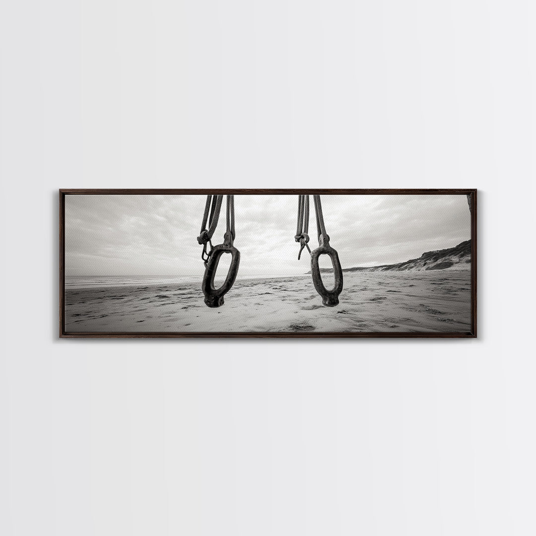 Nautical Swing, Beach Ropes, Seaside Minimalism, Canvas Print, black and white beach decor, coastal hallway wall art, maritime rustic style