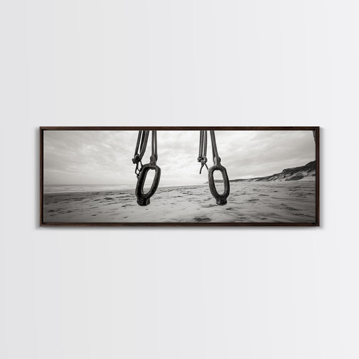 Nautical Swing, Beach Ropes, Seaside Minimalism, Canvas Print, black and white beach decor, coastal hallway wall art, maritime rustic style