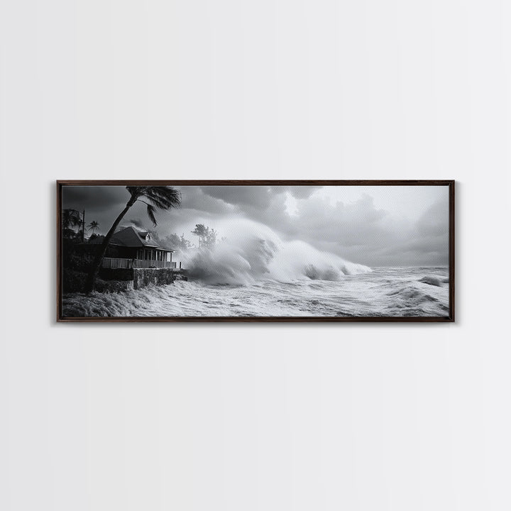 Stormy Waves, Ocean Fury, Tropical Housefront, Canvas Print, dramatic coastal decor, fall storm wall art, modern living room statement