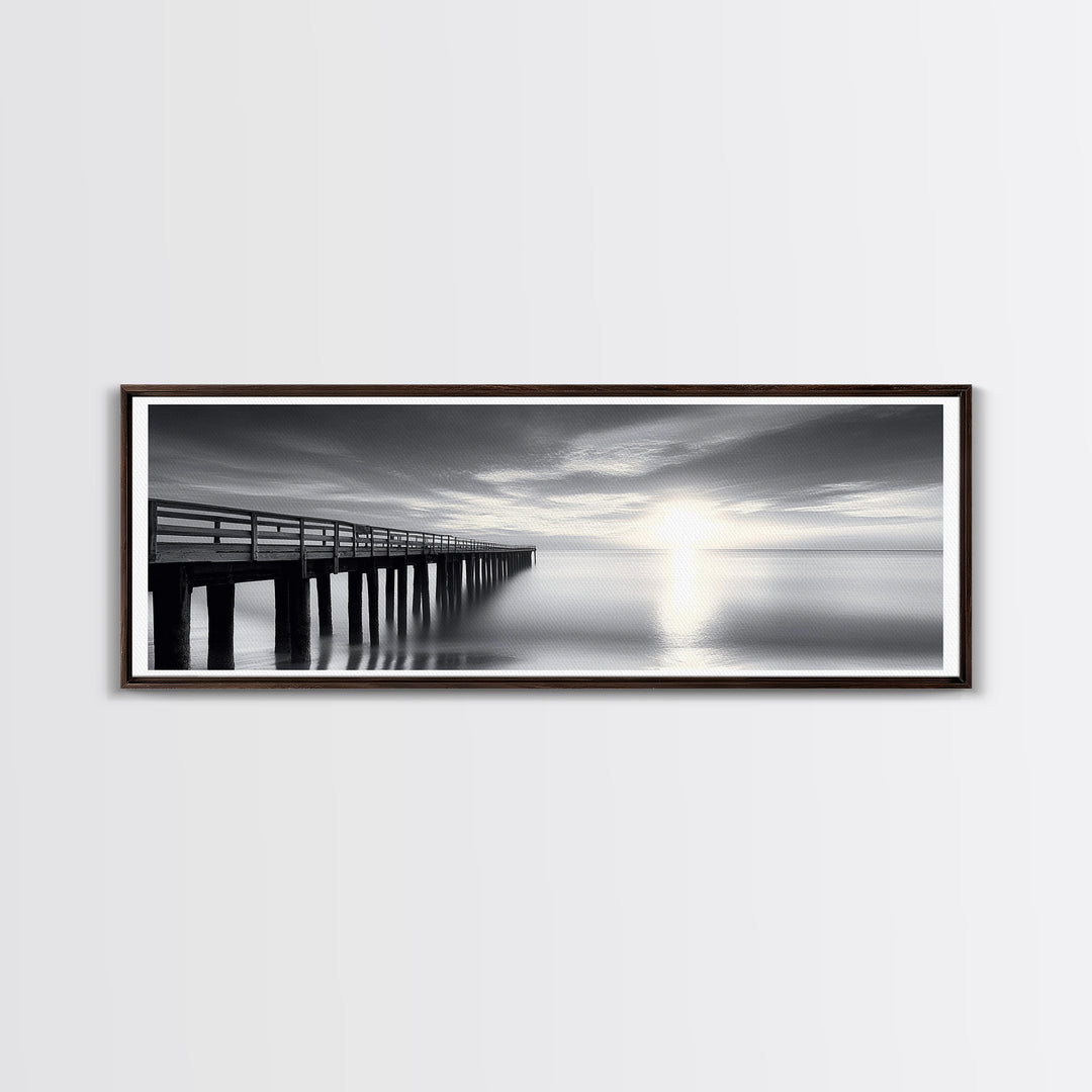 Ocean Pier, Tranquil Horizon, Serene Seascape, Framed Canvas Print, black and white beach wall art, bedroom coastal minimalism