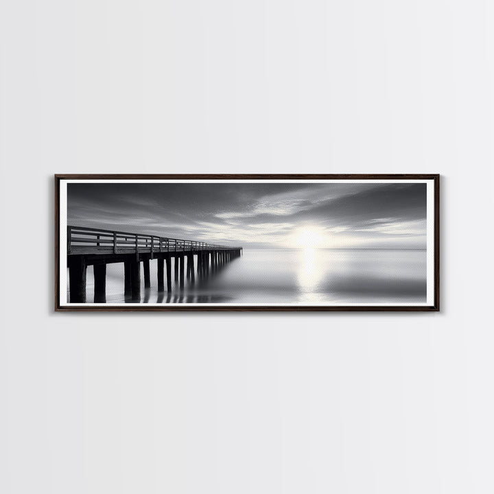 Ocean Pier, Tranquil Horizon, Serene Seascape, Framed Canvas Print, black and white beach wall art, bedroom coastal minimalism