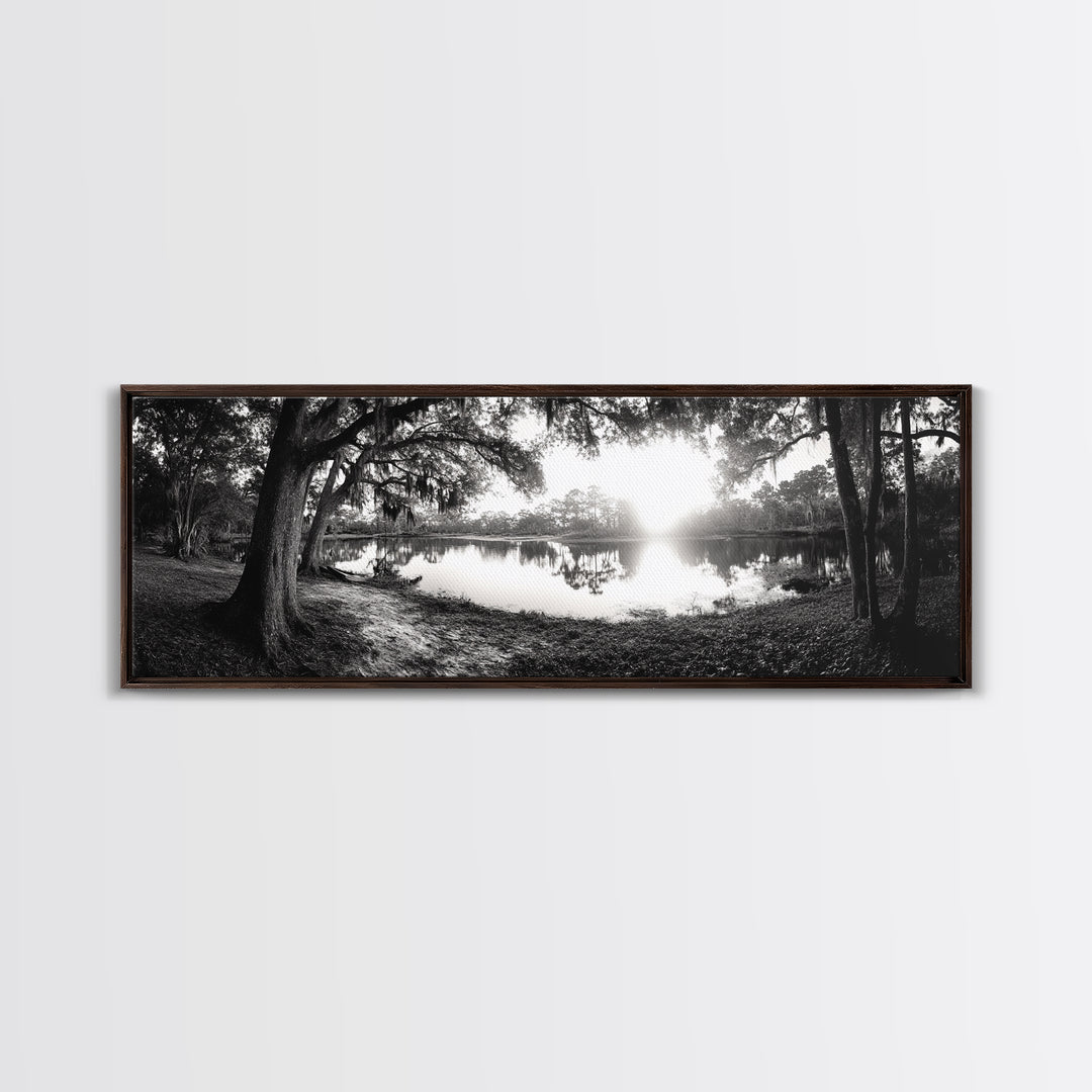 River Sunset, Mossy Trees, Tranquil Reflection, Framed Canvas Print, southern forest wall art, peaceful living room decor, rustic boho vibe