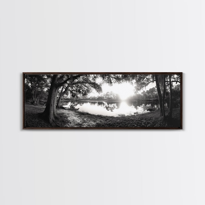 River Sunset, Mossy Trees, Tranquil Reflection, Framed Canvas Print, southern forest wall art, peaceful living room decor, rustic boho vibe