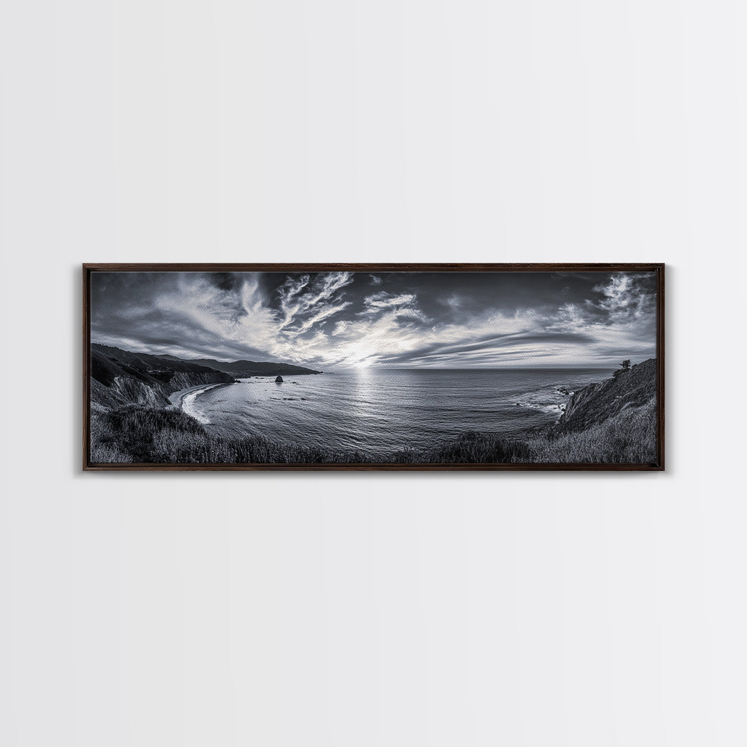 Cloudy Horizon, Wide Ocean View, Coastal Cliffs, Framed Canvas Print, dramatic seascape wall art, coastal kitchen decor, black and white