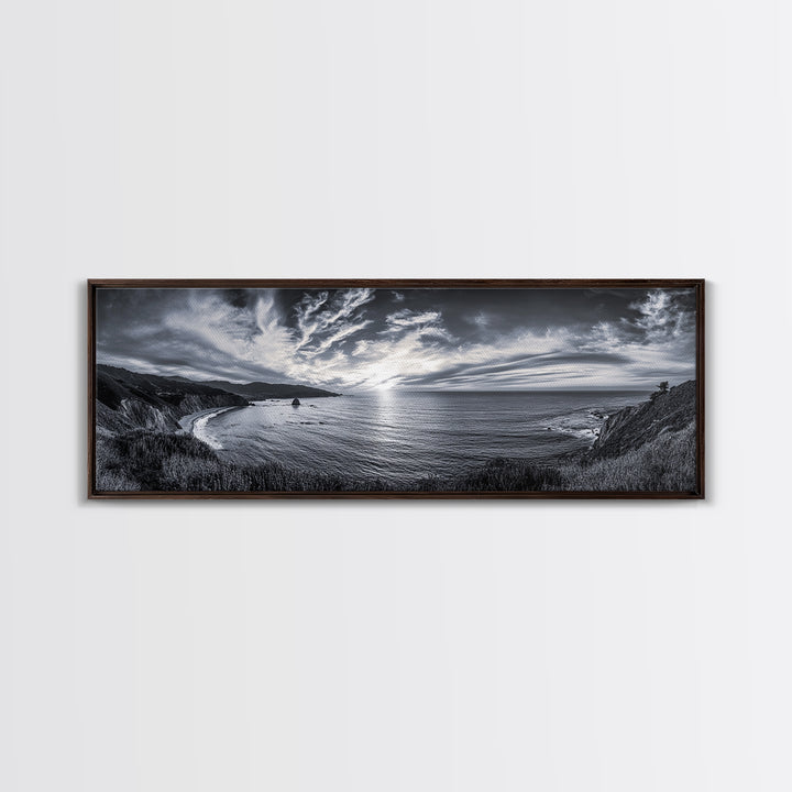 Cloudy Horizon, Wide Ocean View, Coastal Cliffs, Framed Canvas Print, dramatic seascape wall art, coastal kitchen decor, black and white