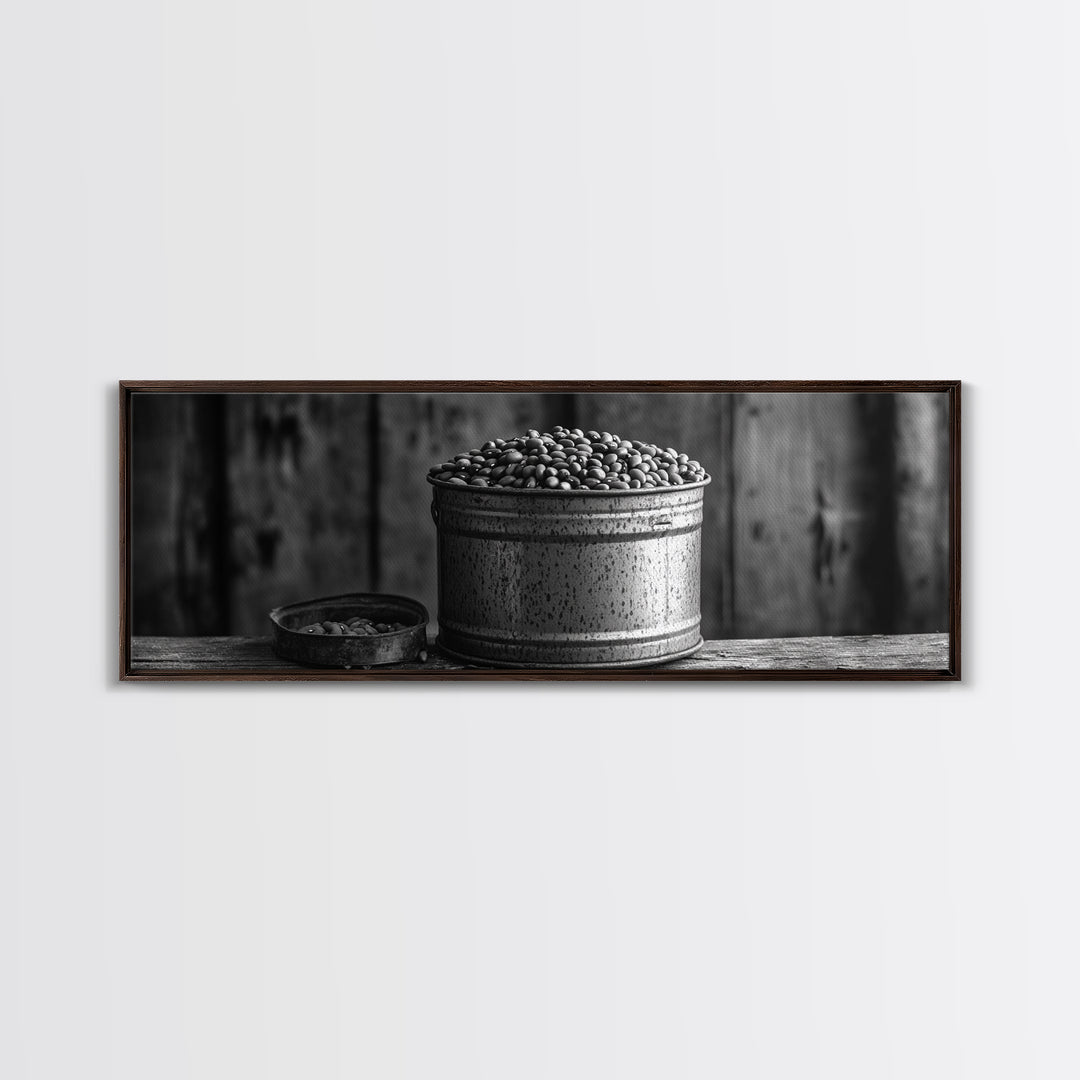 Rustic Bean Bucket, Farmhouse Kitchen, Country Decor, Autumn Wall Art, Framed Canvas Print, Rustic Style, Cozy Kitchen Wall Art