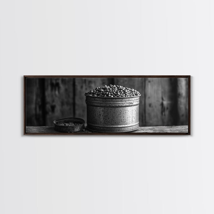 Rustic Bean Bucket, Farmhouse Kitchen, Country Decor, Autumn Wall Art, Framed Canvas Print, Rustic Style, Cozy Kitchen Wall Art