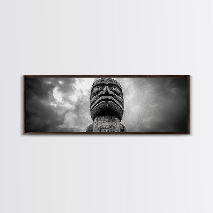 Tribal Totem Head, Cultural Wall Art, Primitive Sculpture Print, Monochrome Decor, Canvas Print, Office or Study Accent