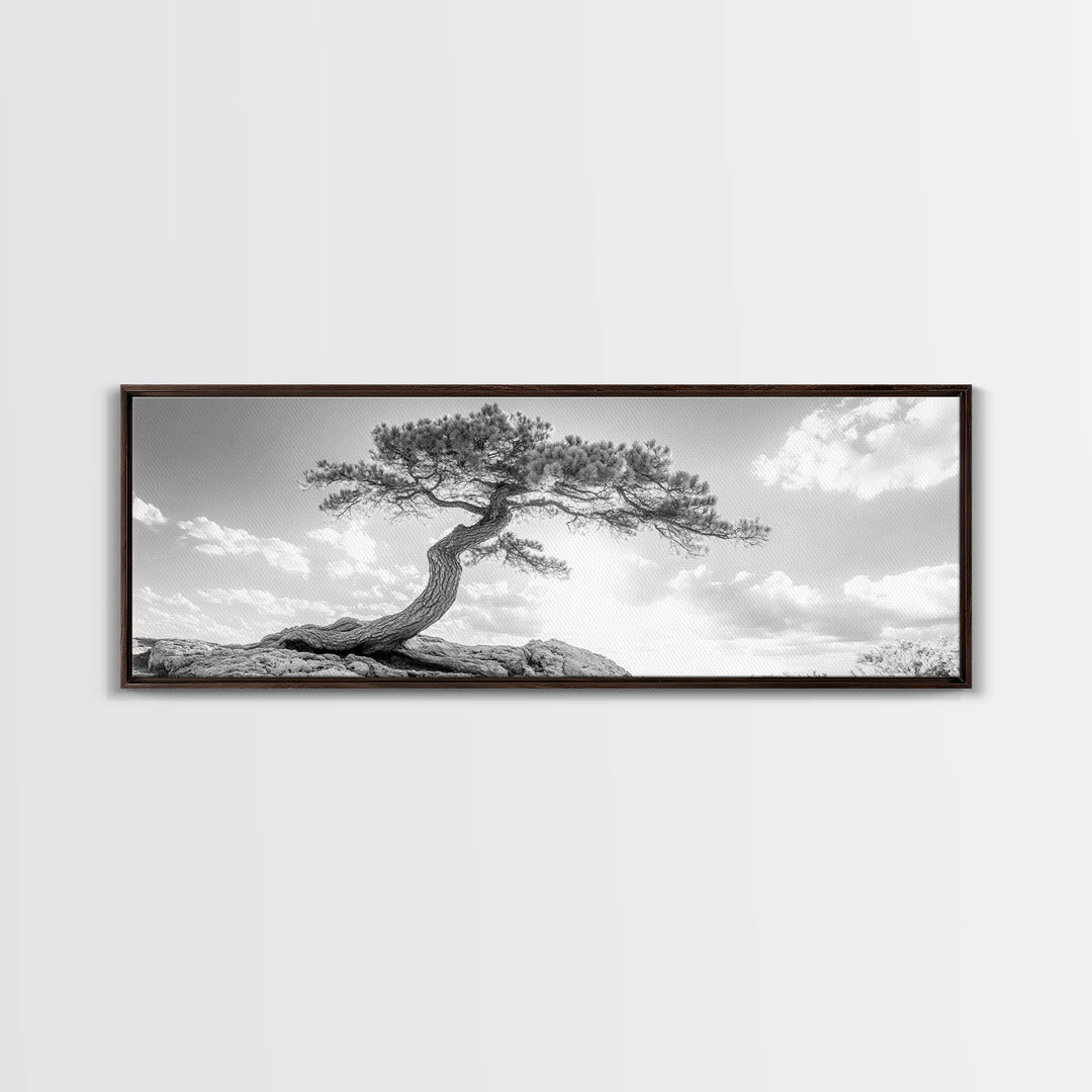 Lone Curved Tree, Zen Nature Print, Minimalist Landscape, Calming Decor, Framed Canvas Print, Bedroom Wall Statement