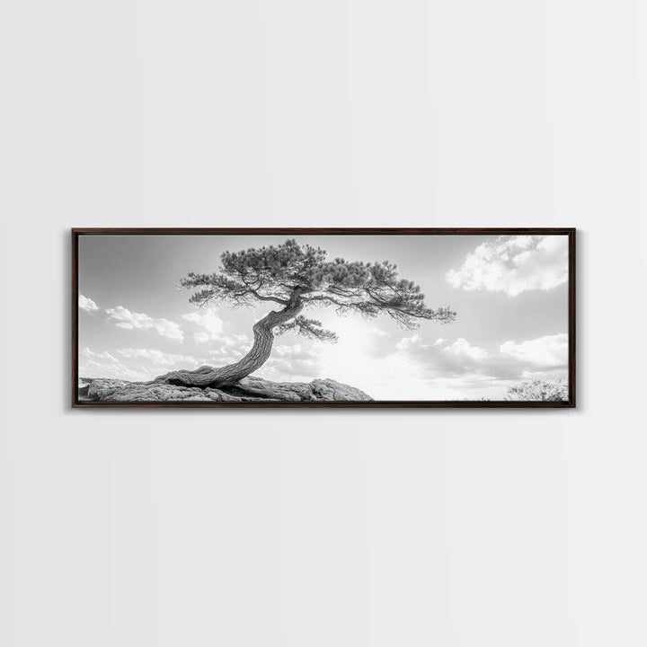 Lone Curved Tree, Zen Nature Print, Minimalist Landscape, Calming Decor, Framed Canvas Print, Bedroom Wall Statement