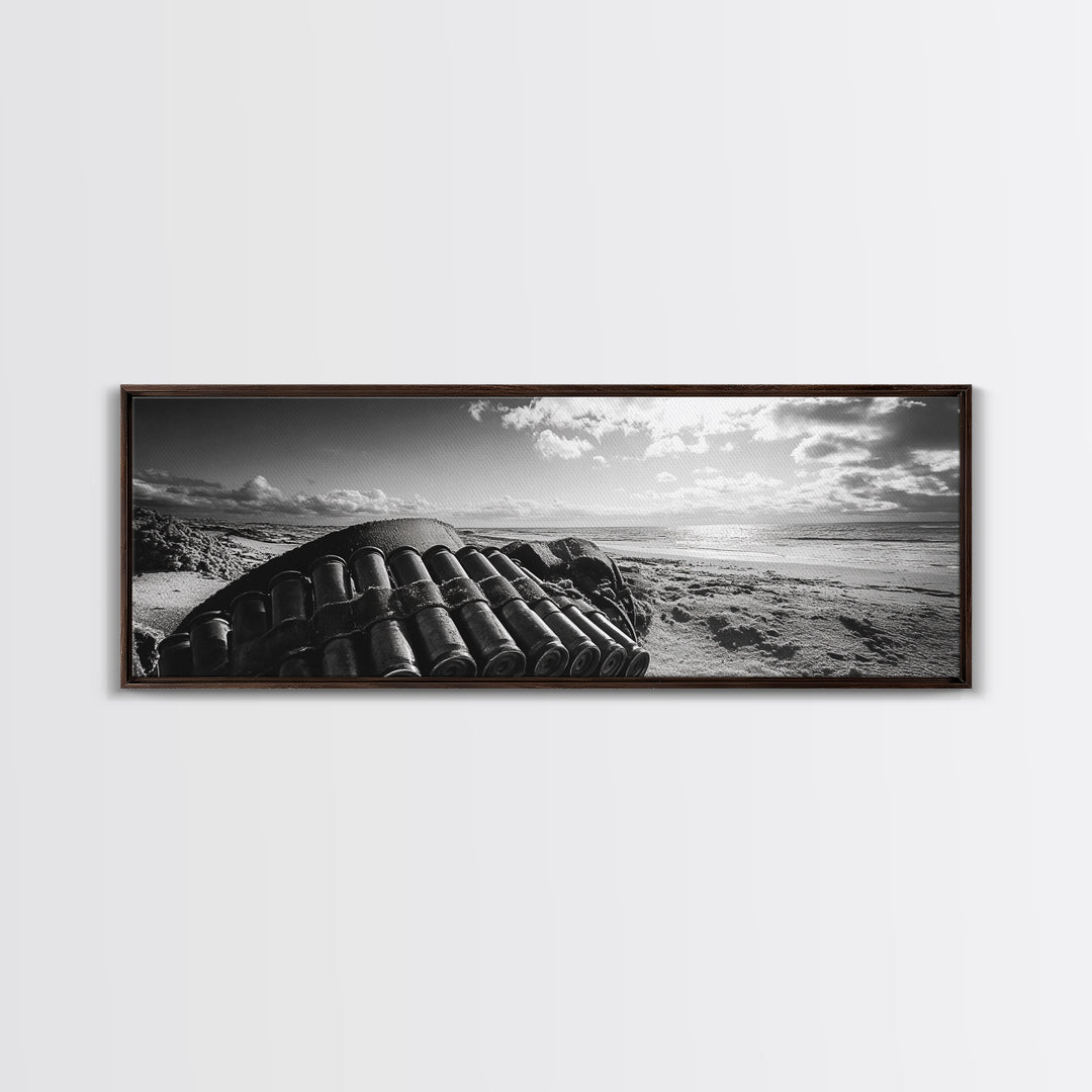 Beach Ammo, War Relic, Ocean Shoreline, WWII Remnants, Framed Canvas Print, Industrial Wall Art, Man Cave Decor, Coastal Photography