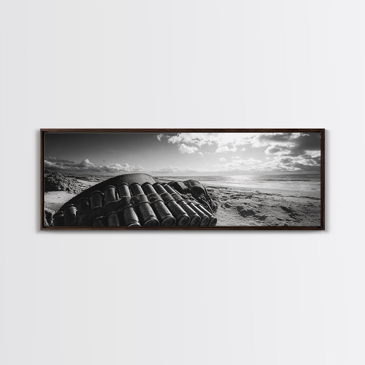 Beach Ammo, War Relic, Ocean Shoreline, WWII Remnants, Framed Canvas Print, Industrial Wall Art, Man Cave Decor, Coastal Photography