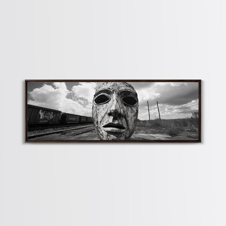 Abandoned Train Mask, Urban Surrealism, Monochrome Street Art, Modern Edgy Decor, Framed Canvas Print, Industrial Room Style