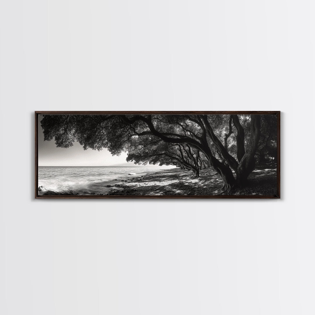 Ocean Trees, Shoreline Light, Majestic Forest, Beach Scene, Framed Canvas Print, Boho Wall Decor, Bedroom Art, Zen Coastal Artwork