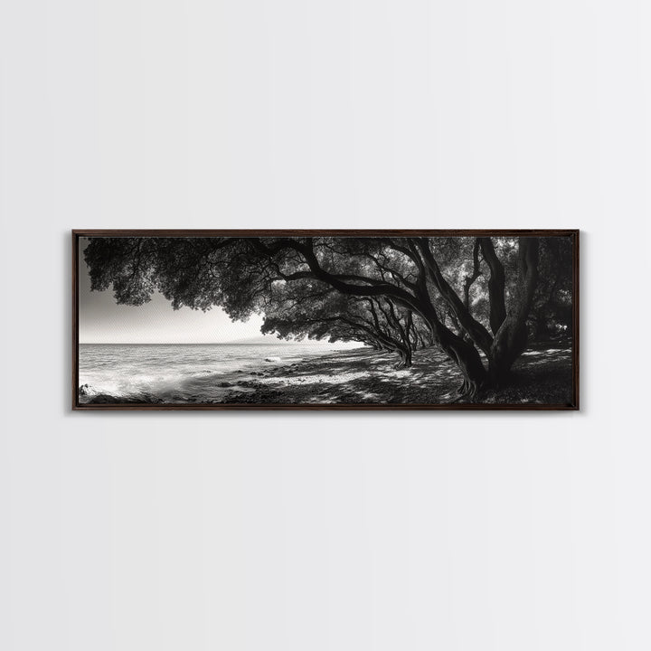 Ocean Trees, Shoreline Light, Majestic Forest, Beach Scene, Framed Canvas Print, Boho Wall Decor, Bedroom Art, Zen Coastal Artwork
