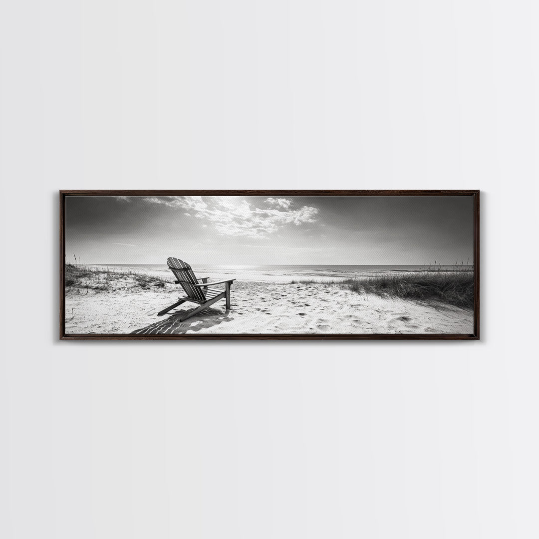 Coastal Chair, Black White, Seaside Decor, Beach Life, Framed Canvas Print, Coastal wall art, minimalist art, neutral tones, coastal room