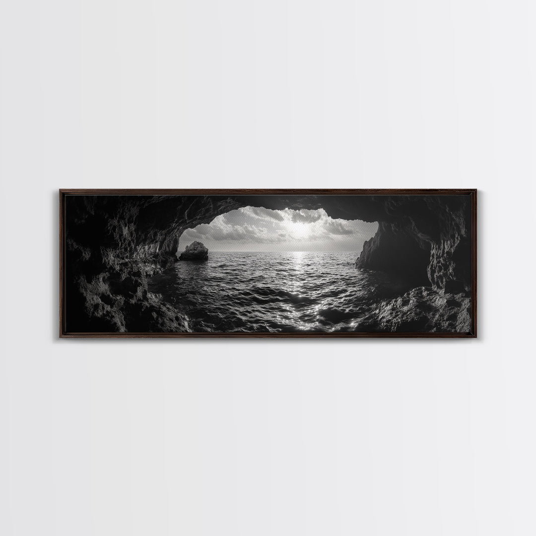 Ocean Cave, Horizon View, Seascape Tunnel, Sunset Waters, Framed Canvas Print, Coastal Bathroom Art, Nature Lover Gift, Minimal Decor