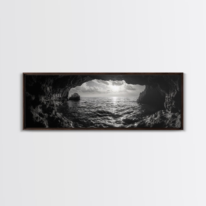 Ocean Cave, Horizon View, Seascape Tunnel, Sunset Waters, Framed Canvas Print, Coastal Bathroom Art, Nature Lover Gift, Minimal Decor