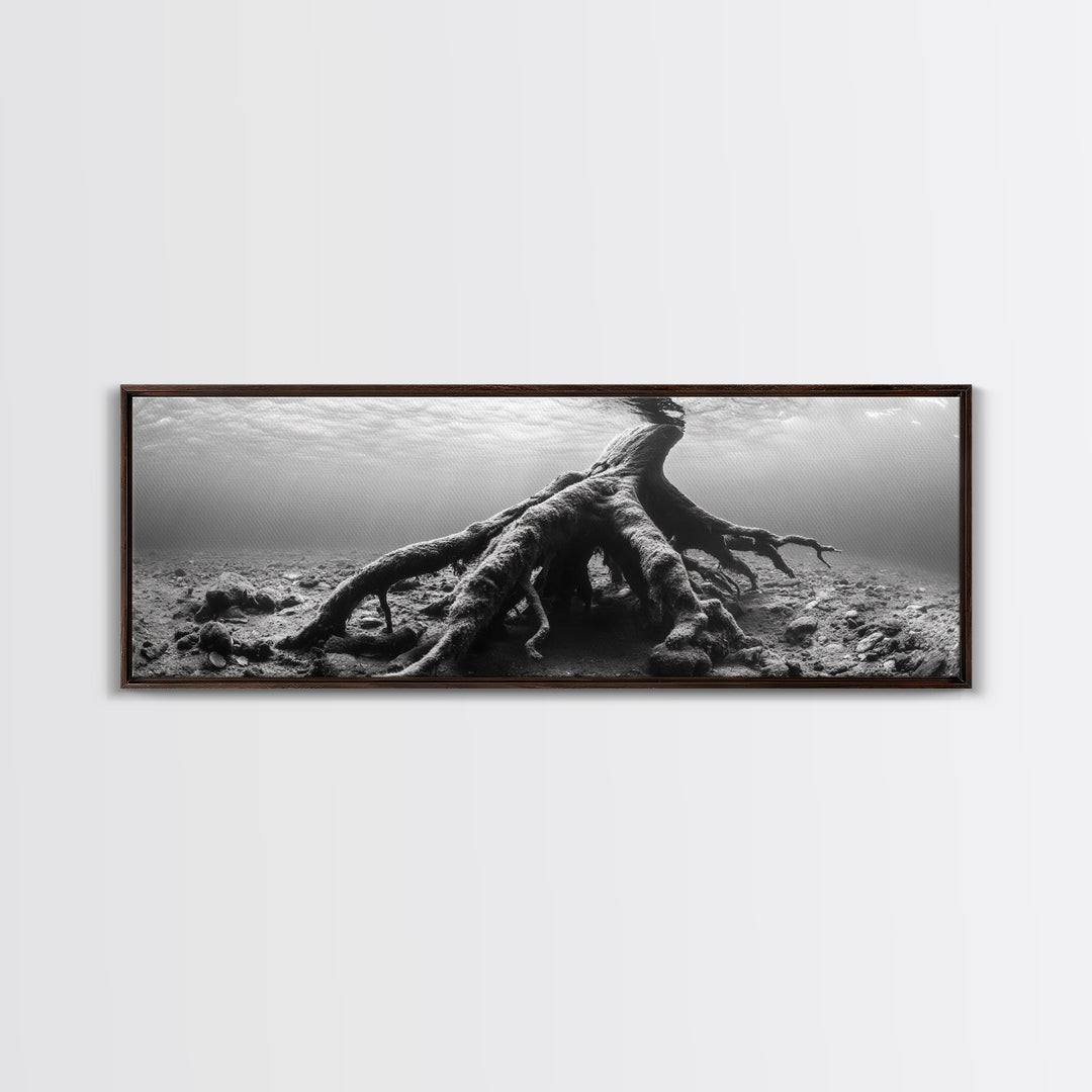 Ancient Roots, Submerged Tree, Nature Photography, Black and White, Canvas Print, Minimalist Underwater Art, Office Wall Art, Moody Decor