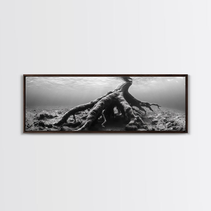 Ancient Roots, Submerged Tree, Nature Photography, Black and White, Canvas Print, Minimalist Underwater Art, Office Wall Art, Moody Decor