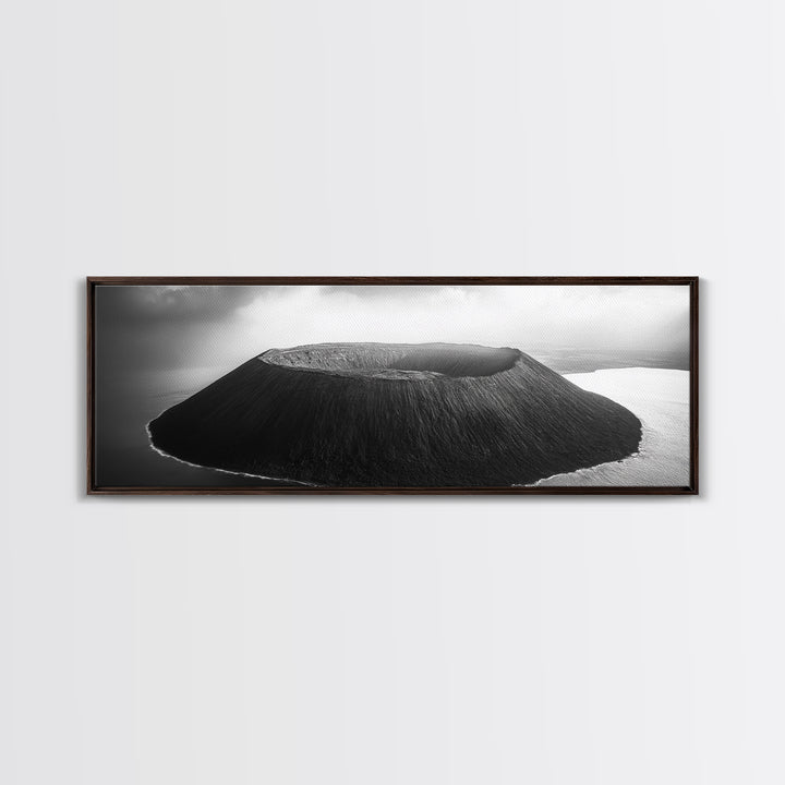 Island Volcano, Crater View, Aerial Landscape, Coastal Photography, Canvas Print, Nature Wall Decor, Bedroom Art, Monochrome Landscape