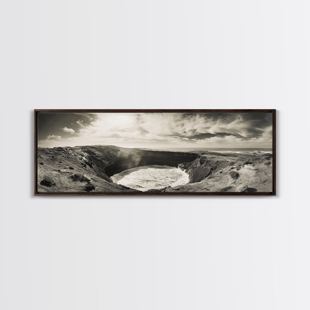 Ocean Crater, Coastal Cliff, Surreal Nature Art, Black and White Canvas Print, Gallery Wall Art, Earthy Decor, Adventure Inspired