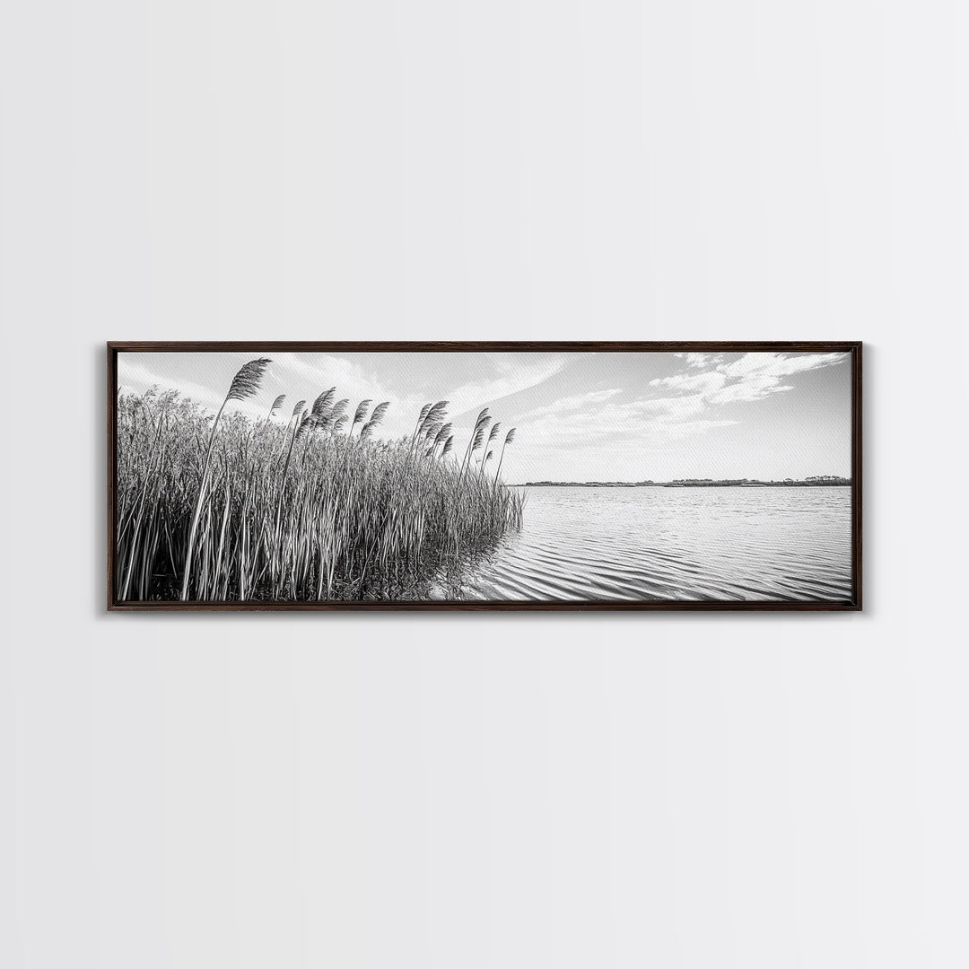 Windy Reeds, Lakeside Breeze, Natural Grass Art, Monochrome Landscape, Canvas Print, Boho Living Room Decor, Botanical Minimalist Wall Art