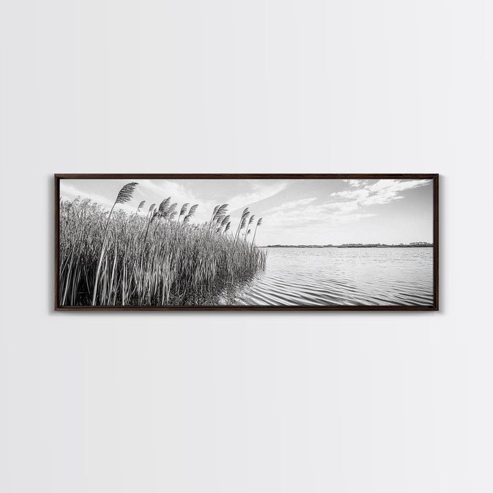 Windy Reeds, Lakeside Breeze, Natural Grass Art, Monochrome Landscape, Canvas Print, Boho Living Room Decor, Botanical Minimalist Wall Art
