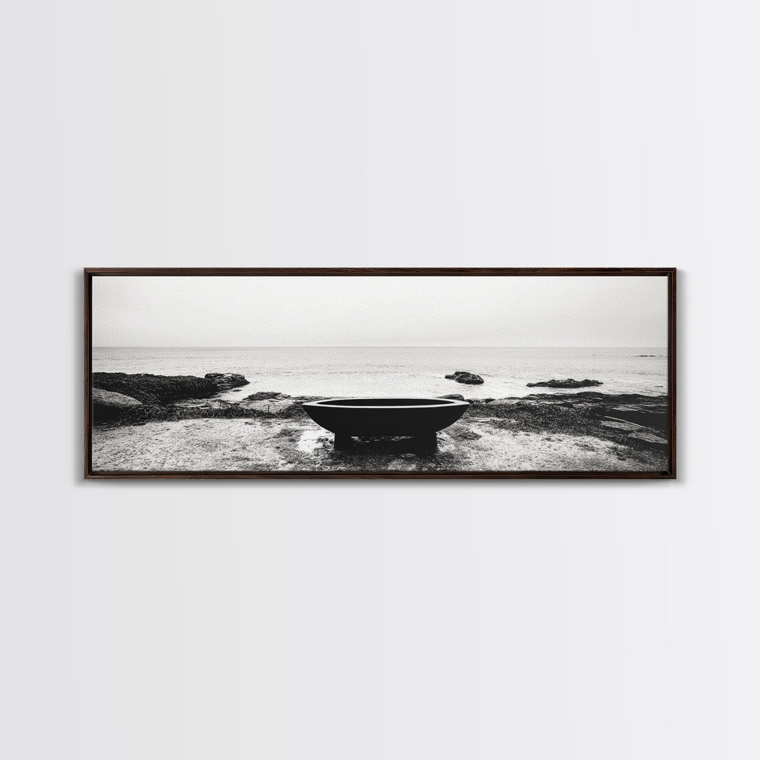 Coastal Boat, Ocean Horizon, Solitude Scene, Black and White Seascape, Canvas Print, Modern Bathroom Wall Art, Minimalist Decor
