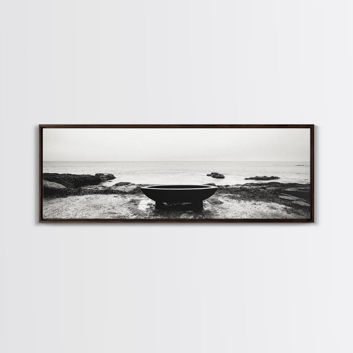 Coastal Boat, Ocean Horizon, Solitude Scene, Black and White Seascape, Canvas Print, Modern Bathroom Wall Art, Minimalist Decor