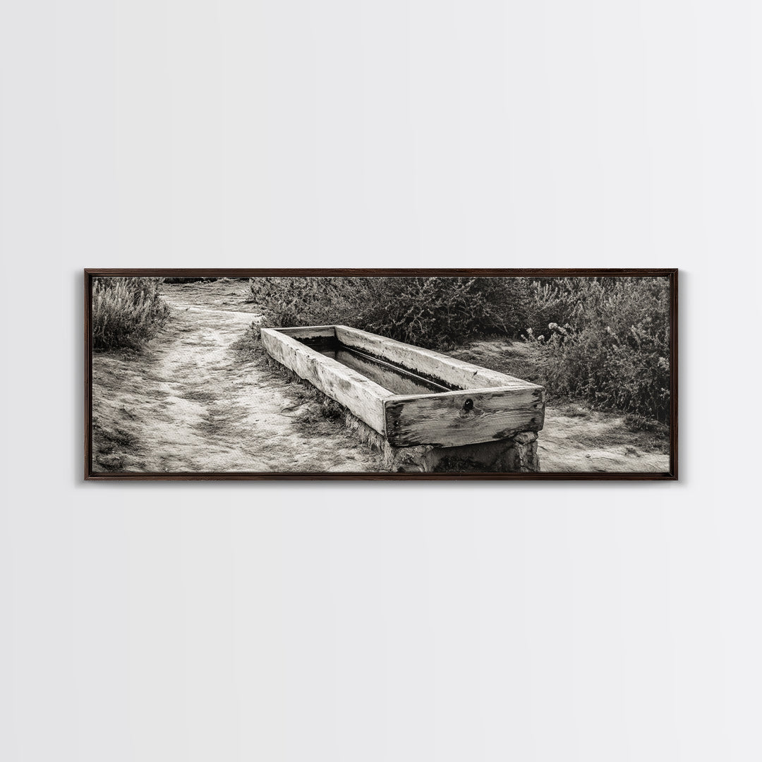 Rustic Water Trough, Nature Trail, Western Desert Scene, Framed Canvas Print, Country Farmhouse Decor, Minimalist Entryway Wall Art